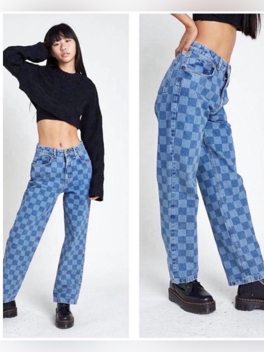 Women's Blue Checkerboard Wide-Leg Jeans